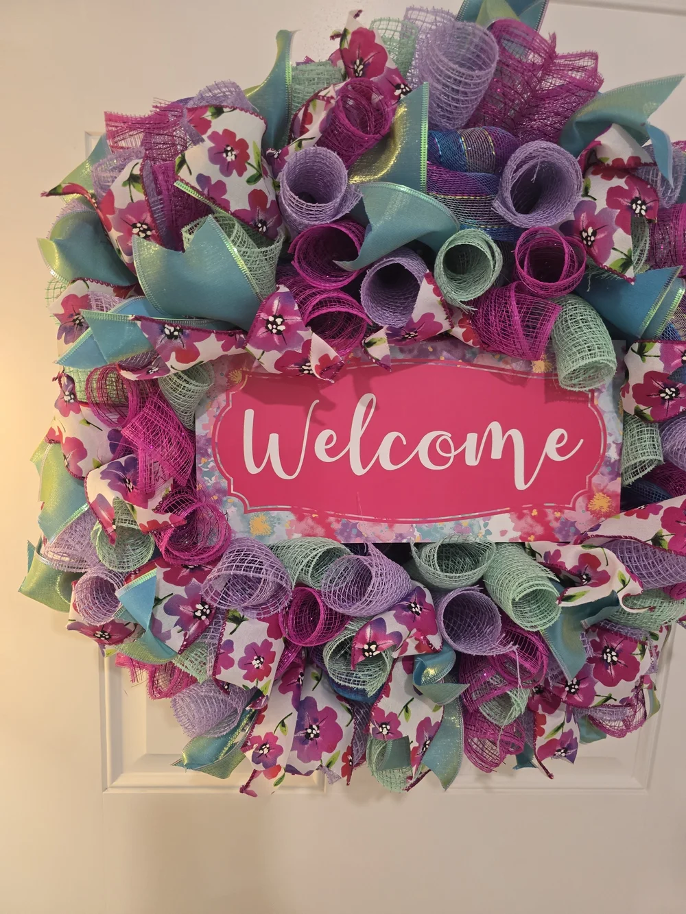 Welcome Spring Summer Floral Ribbon Wreath in Pink, Turquoise & Lavender